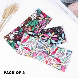 Fashband Boho Headbands Elastic Twist Headband Black Flower Print Hair Bands Criss Cross Head Scarf Workout Yoga Hair Accessories for Women and Girls (Pack of 3)