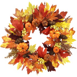 Zavothy 50 cm Artificial Autumn Wreath with Pumpkins, Maple Leaves and Colourful Berries, Front Door and Wall Decoration for Thanksgiving and Christmas, Orange
