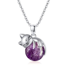 Reaii Natural Amethyst Cat Necklace for Women 925 Sterling Silver Cute Kitten Pendant with Genuine Amethyst Jewelry Gifts