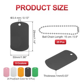 PATIKIL Metal Stamping Blanks Tags 2", 25 Pcs Anodized Aluminum Blank Dog Tags Rectangle Laser Engraving Blanks ID Name Tag with 6" Ball Chain, Silver/Pink/Black/Green/Gold