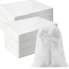 Garsence 200 Pack Shoe Storage Bags, Large Drawstring Dust Bags for Travel, Non-Woven Breathable Shoe Covers for Boots, Purses, Heels – Portable Organizer Pouches, 18.9 x 12.6 Inch (White)