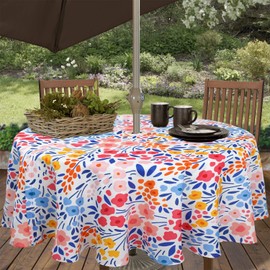 Round Outdoor Tablecloth with Umbrella Hole and Zipper 60 Inch, Fabric Waterproof Round Patio Table Cloth with Umbrella Hole for Spring/Summer/Party/Picnic, Colorful Floral