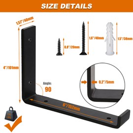 MLOQI 2 Pack Scaffold Board Shelf Brackets with Lips, 5mm Thick Heavy Duty L Wall Brackets for Shelves, Black Industrial Shelves Support (6"x4"/15cm x 10cm)