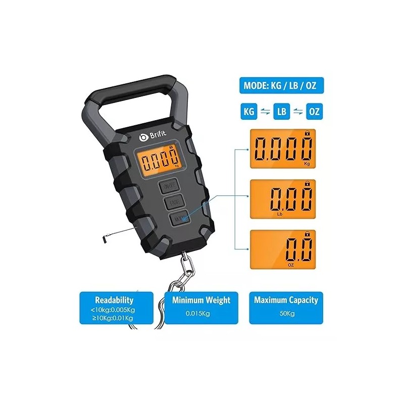 Brifit Báscula Viaje Digital Portátil Equipaje Pesca 50kg Display