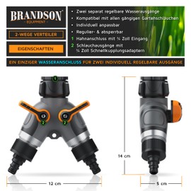 Brandson - 2 Wege Verteiler Wasserhahn - Wasserverteiler 3/4 Zoll - Schlauchverteiler Gartenbewässerung - gehärteter Kunststoff - verstärkte Metallgewinden - Wasserschlauch Gartenschlauch