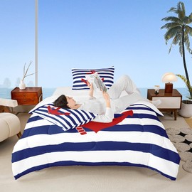Nautical Anchor Comforter Set Queen,Geometric Stripes Duvet Insert Ocean Adventure Theme Quilted Duvet Set Navy Blue and Red Bedding Set 3pcs for Kids Girls Teens Boys Room Decor with 2 Pillowcases