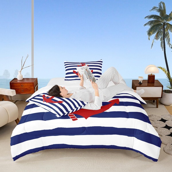 Nautical Anchor Comforter Set Queen,Geometric Stripes Duvet Insert Ocean Adventure