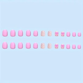 Pink Press on Nails Short Square Cute Fake Nails Valentine’s Day Press on Nails with Bow-Knot Designs Pink Acrylic Nails Full Cover Valentines Nails Glue on False Nails with Designs for Women 24PCS