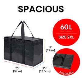 NZ home Insulated Bags for Food Delivery (2XL PRO) Grocery Shopping Cooler Bag, Pizza Delivery, Hot & Cold Catering Tote, Reusable, Foldable & Heavy Duty (2 Pack, Black)