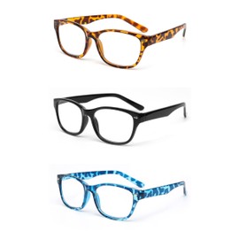 EYE ZOOM 3 Pack Retro Readers Plastic Vintage Style Reading Glasses for Men and Women, Amber, Black and Blue +3.00