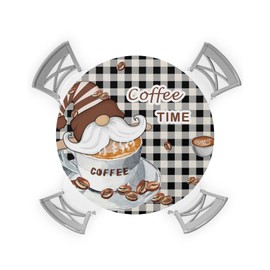 EwdeWwo Coffee Gnome Elastic Round Tablecloth, Funny Gnomes on Cup Black Plaid Border Fitted Tablecloths for Round Table Oil-Proof Waterproof Table Cloth (Fit for 45" - 54" Round Tables)