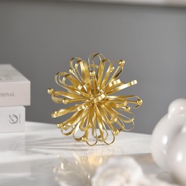 Retrome 6.7" Decorative Metal Starburst Tabletop Shelf Sculpture Accent, Gold Modern Table Decor, Looped Ribbon & Beads Edges Deatiled