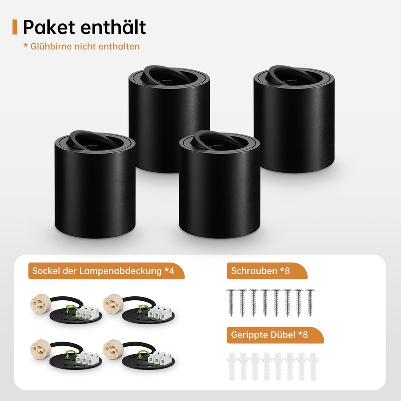 wowatt Pack of 4 Surface-Mounted Spotlights, Black, Surface-Mounted Spotlights with