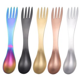 2 in 1 Titanium Spoon and Fork Combo, 5Pcs Stainless Steel 2 in 1 Fork Spoon Combo, Backpack Utensil Spoon Fork Combos,Travel Camping Utensil Spoons Forks Combos Set