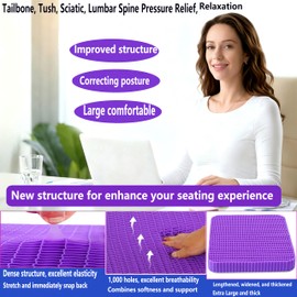 Extra Thicken Pure Gel Seat Cushion, Large Pressure Relief Cushion for Long Sitting, Lumbar Spine, Sciatica, Tush, Coccyx Support Gel Cushion for The Office, Car, Wheelchair, Recliner, Chair.(Púrpura)