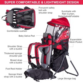 Baby Backpack Carrier, Safe Toddler Hiking Backpack Carrier Camping Child Carriers with Rain Cover Children Kid Sun Shade Large Storage Insulated Pocket, Adjustable Padded Child Seat