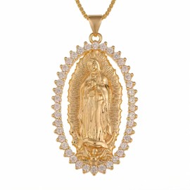18k Gold-Plated Virgin Mary Pendant Necklace with Crystals – Elegant Religious Jewelry