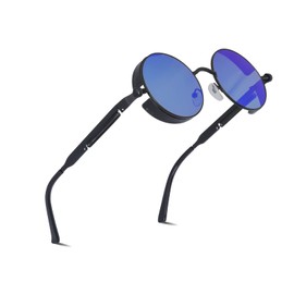 besbomig Sunglasses Women Men Retro Round Steampunk Glasses UV400 Protection Polarised Hippie Festive Party Glasses Fancy Dress Glasses Outdoor Activities Fashion Accessory, Black frame & blue lens