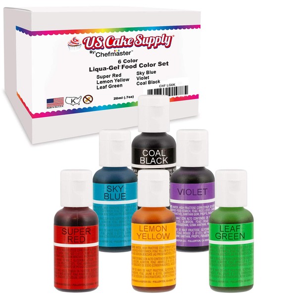 6 Color Cake Food Coloring Liqua-Gel Decorating Baking Primary Colors Set - U.S. Cake Supply .75 fl. Oz. (20ml) Bottles Primary Popular Colors - Made in the U.S.A.