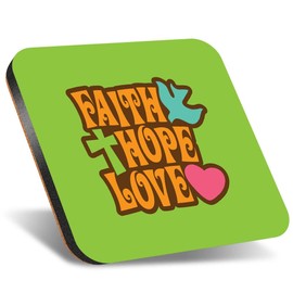 1 x Square Jumbo Size Coaster 12cm Faith Hope Love Religious Christian Cross Cork Backed MDF Glossy Tea Coffee Accessory #57594