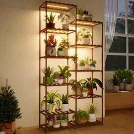 Banworld Tall Plant Stand with Grow Lights Large Indoor Plant Shelf for Multiple Plants Pots Wood Flower Stand Flower Holder for Living Room, Patio, Balcony, Garden Decor, Brown