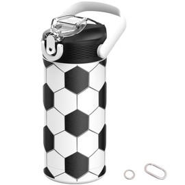 MYFOREST 13oz/400ml Insulated Kids Water Bottle, Surgical Grade Steel, High-Resolution Original Pattern, Dishwasher-Safe, Name Badge, Carabiners (Soccer/Football)