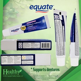 Equate Denture Adhesive Cream 2.4 OZ (68 g) 4 Pack and Vital Volumes Dental Care Tips Card - Bundle