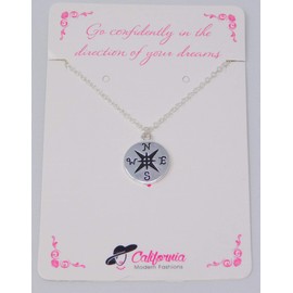 Small Compass Necklace Silver or Gold Plated Pendant Necklace, Graduation Gift Necklace, 18" (Silver Plated)