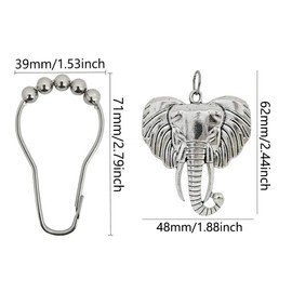 Elephant Shower Curtain Hooks Rings, Rust Proof Stainless Steel Curtain Hangers Set of 12 with Forest Park Wild Elephant Animal Pendant Decoration for Bathroom Kids Room Bedroom Living Room (Silver)