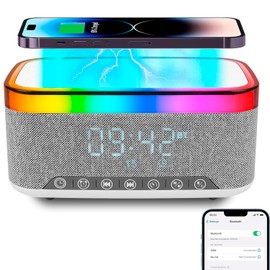 Alarm Clocks Bedside with 15W Wireless Charger, Atmosphere Table Lamp with Bluetooth Speaker, Home Decor Gifts for Boy Girl Teen Men Women