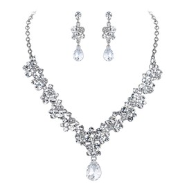 BriLove Wedding Bridal Jewelry Set for Women Rhinestone Crystal Teardrop Cluster Statement Necklace Dangle Earrings Clear Silver-Tone