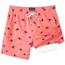 SURF CUZ Mens Swim Trunks with Compression Liner 7" Swimming Trunks Quick Dry Swim Shorts Stretch Bathing Suit Board Shorts Zipper Pockets Pink Hidden Sharks Medium