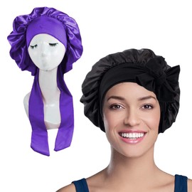 WUBAYI 2PCS Satin Bonnet, Silk Bonnet Hair Wrap for Sleeping, Hair Bonnet for Bath, Tie Band for Women Long Curly Braid Hair (Black, Purple)