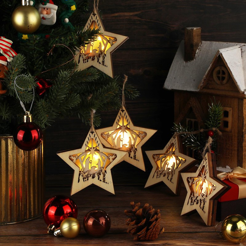 Soaoo 6 Pcs LED Nativity Scene Wooden Ornaments Christmas Nativity