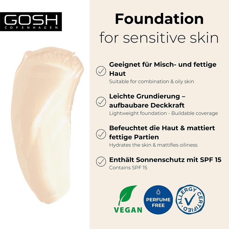 GOSH Foundation with SPF 15 for Light and Dark Skin,