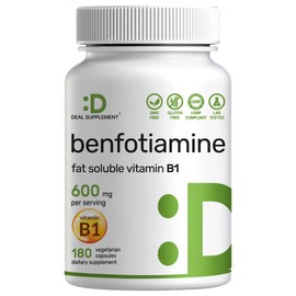 Benfotiamine 600mg Per Serving, 180 Veggie Capsules (300mg Per Cap) – Fat Soluble Vitamin B1 Thiamine Supplement – 3rd Party Tested, Vegan, Non-GMO, Gluten Free
