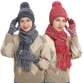 Visioelo Womens Bobble Hat Scarf and Gloves Set Fleece Lined Beanie Touch-screen Gloves Scarf with Tassel set of three (blue)