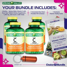 ChoiceBundle Spring Valley Vitamin C with Rose HIPS Tablets Dietary Supplement 1,000 mg 250 ct 4 pk Choice Bundle (1000 Total) + Vitamin Vitality Guide & Portable Pill Container (6 Items)!