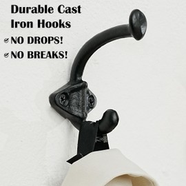 SKOLOO Black Cast Iron Wall Hooks - Farmhouse Style, Pack of 5, Dual-Direction Hanging Design - Ideal for Coat, Backpack, Towel - Perfect for Entryway, Mud Room, Bathroom Dry Area