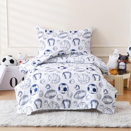 LONAVA Toddler Kids Comforter Set - 4 Pieces Toddler Bedding Sets for Boys Girls Children, Ultra Soft Microfiber Bed in A Bag with Flat Fitted Sheets, Ball Sports