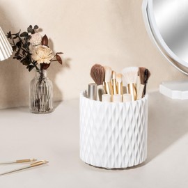 Anyoifax Makeup Brush Holder Organizer 360°Rotating Make Up Brushes Container for Vanity, Spinning Cosmetics Storage Cup, Ripple White