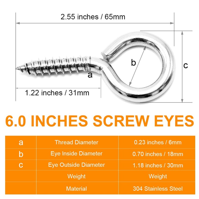 ACCZIO 8 Pack 304 Stainless Steel Eye Screws,2.5 Inch M6