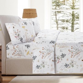 Bloom Studio Queen Size Sheets 4 Piece Small Gold Flower Sheets 15”Deep Pocket Soft 100% Microfiber Bedsheet Flowers on Beige Background Pattern Luxury Bedding Sheet Set,Easy Care, Wrinkle Free