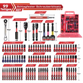 Geinxurn 99-Piece Screwdriver Bits Set (Torx, Cross, PZ, Hex, SL), S2 Steel Magnetic 1/4 Inch Hex Shank Bit Set, Includes Bit Holder, Adapter, Socket Wrench, Spanner with Red Storage Box