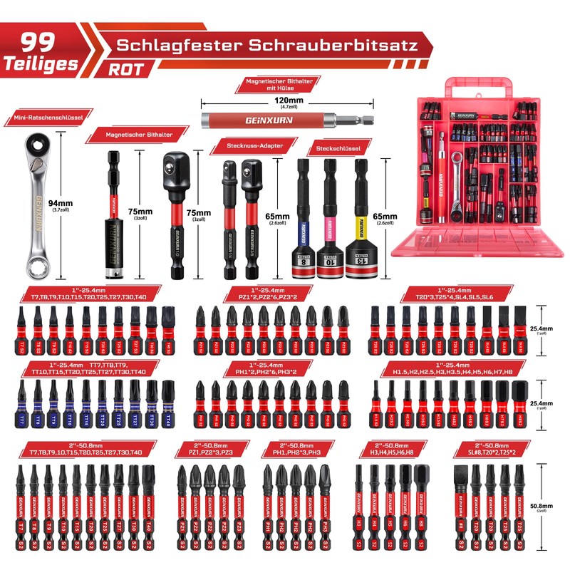 Geinxurn 99-Piece Screwdriver Bits Set (Torx, Cross, PZ, Hex, SL),