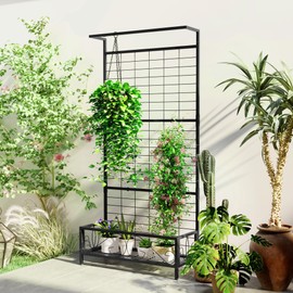 Outsunny Tall Plant Stand with Trellis and Hanging Bar, Metal Plant Holder Flower Stand for Vine Climbing Plants Flowers Indoor Outdoor Use, 36" x 12.8" x 74", Black