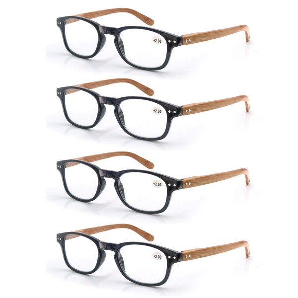 Paquete de 4 gafas de lectura de moda con bisagras de resorte de aspecto de madera para lectores elegantes hombres y mujeres, 4 Negro, M