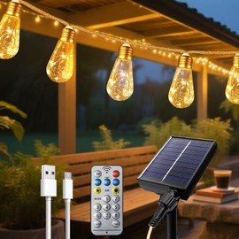 sylvwin Solar Lichterkette Außen,8M 16 Glühbirnen Lichterkette Außen Wetterfest,8 Modi Timer Dimmbar USB Solarlichterkette für Vintage Dekoration Garten Balkon Terrasse Hochzeit Party