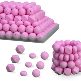 150Pcs Silicone Beads for Keychain Making, Three Shapes Silicone Focal Beads for Pen, Round Beads Bulk for Bracelet DIY Crafts Making (Light Pink)