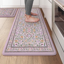 KIMODE Anti Fatigue Kitchen Mats 20"x47"+20"x32", Boho Flora Kitchen Rugs Sets of 2, Cushioned Non Skid Kitchen Mats for Floor, Comfort Kitchen Floor Mats for Sink Laundry Desk Purple